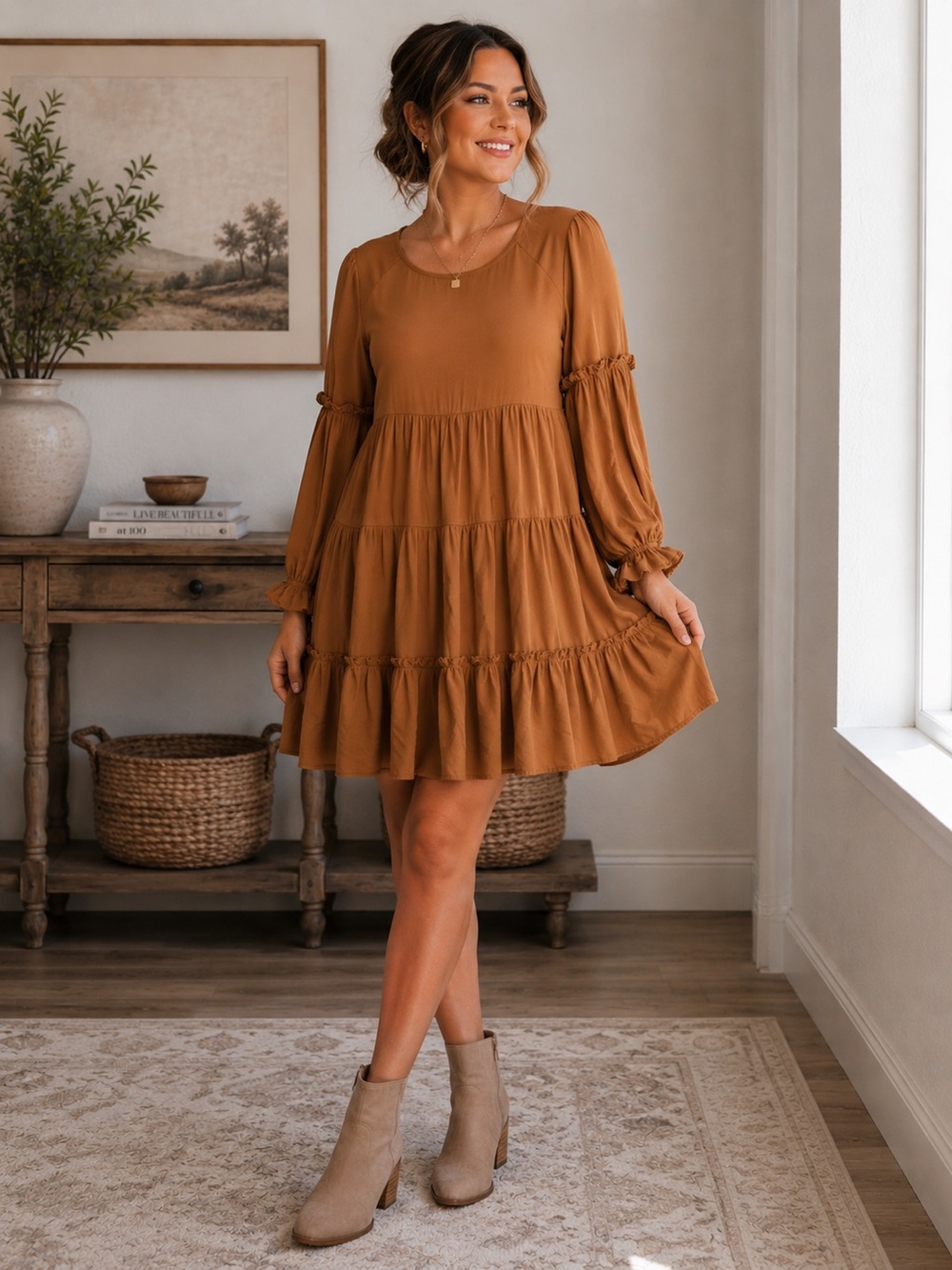 Mustard Seed Women’s Dress Bronze Copper Tiered Mini Lined Small Cottagecore